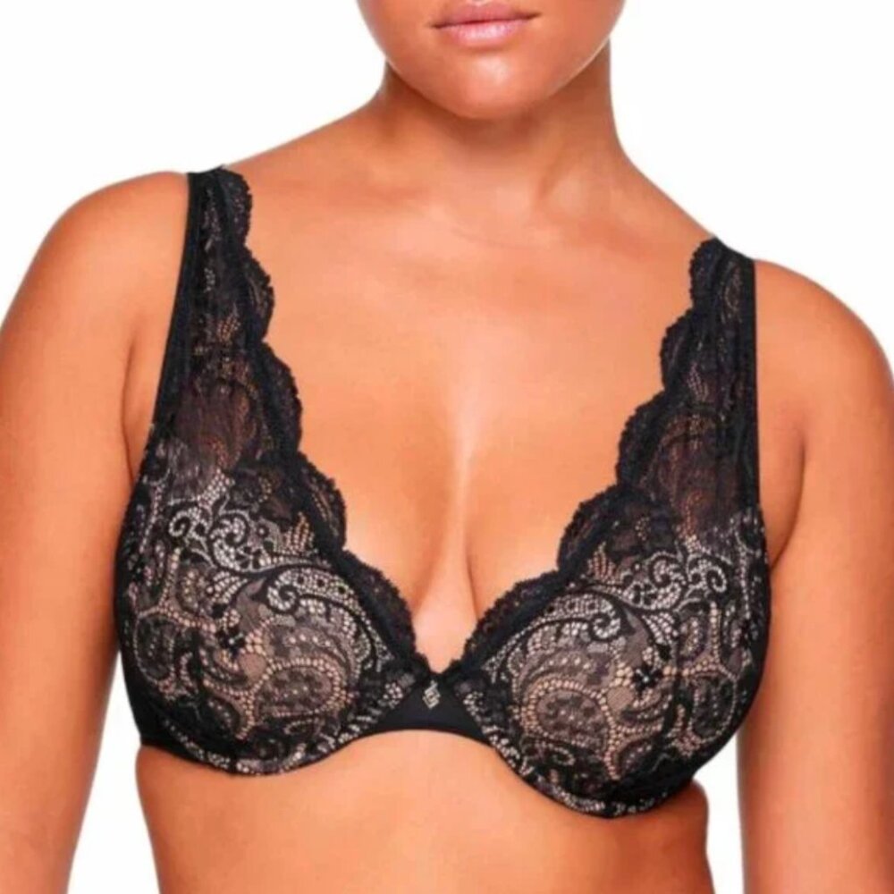 THIRDLOVE Lace Contour Plunge Bra in Black Nude - Size 36C